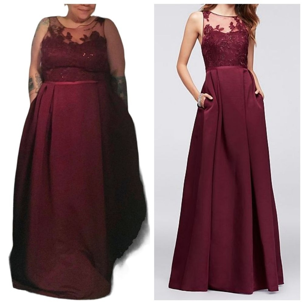 Oleg Cassini Burgundy Lace Formal Gown Maxi Dress Pockets Prom Size 20